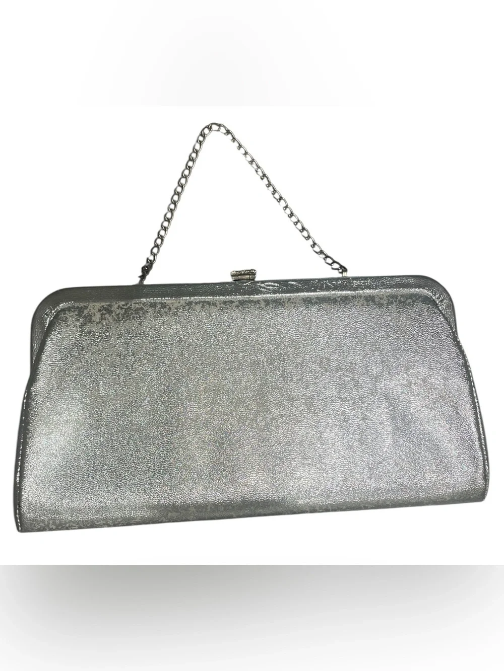 Vintage Silver Metallic Frame Clutch Evening Bag Chain Handle